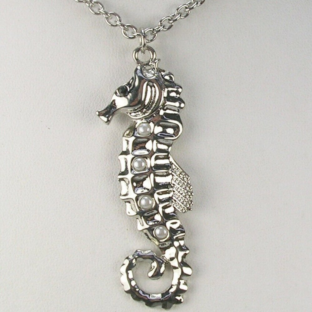 Nolan Miller Seahorse Necklace Faux Pearl Silver Tone 16"-18" NWOT 17926